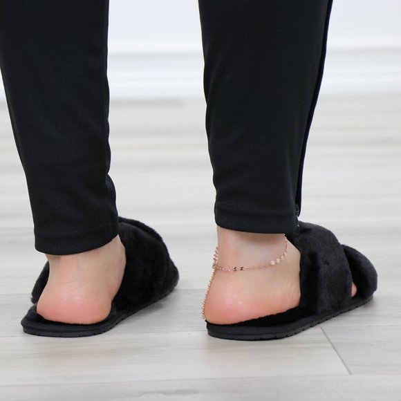 Cross Strap Black Puff Fuzzy Furry Fluffy Slip On Plush Slippers - Picture 12 of 12